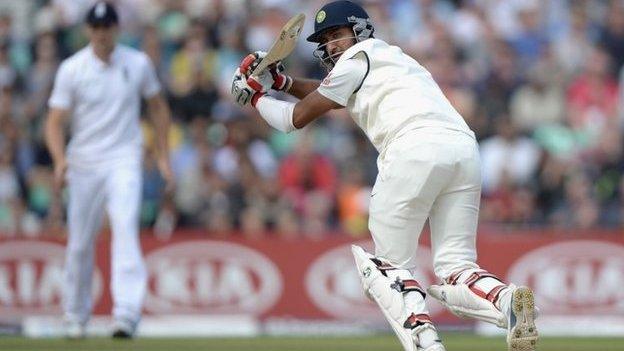 Cheteshwar Pujara of India bats during day three of 5th Investec Test match between England and India at The Kia Oval on August 17, 2014 in London, England