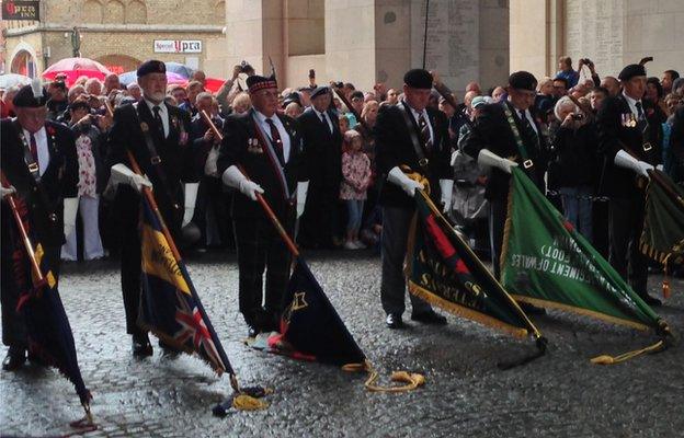 Flags lowered for the Last Post at the Menin Gate memorial