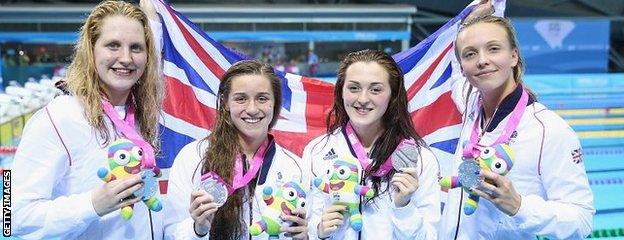 Silver medallists Jessica Fullalove, Georgina Evans, Charlotte Atkinson and Amelia Maughan