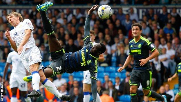 Albert Adomah went airborne to shoot against Leeds