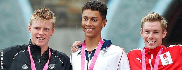 Ben Dijkstra of Great Britain beats New Zealand's Daniel Hoy and Emil Deleuran Hansen of Denmark