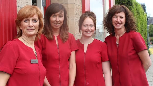 Intrim hairdressers owner Christine James (left) and her employees