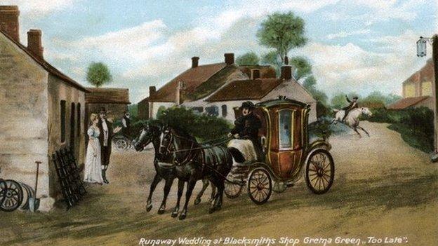 Postcard depicting a runaway wedding at the Blacksmiths Shop, Gretna Green, circa 1800