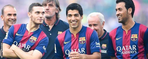 Thomas Vermaelen, Luis Suarez and Sergio Busquets