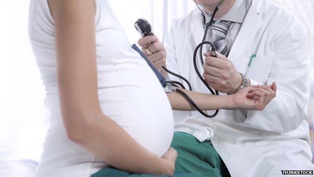 Doctor examining pregnant woman (posed by model)