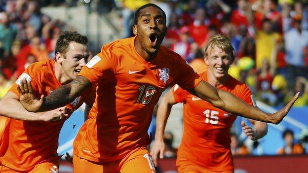 Leroy Fer celebrates scoring for the Netherlands at the World Cup