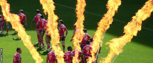 Leeds Rhinos walk onto the Wembley pitch to fireworks in 2012