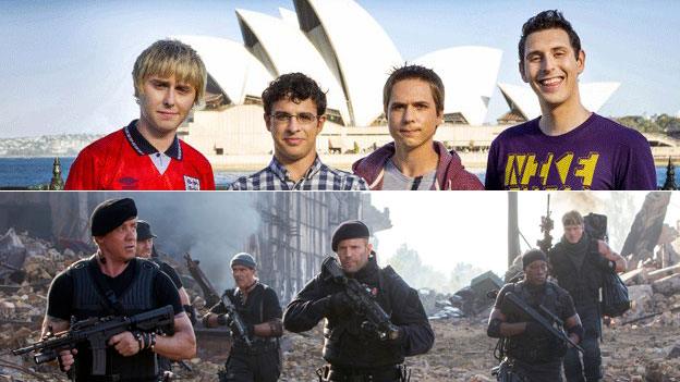 The stars of The Inbetweeners 2 (top) and The Expendables 3 (bottom)