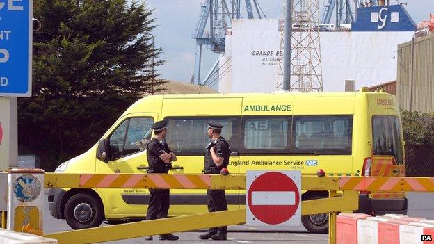 Ambulance outside Tilbury docks