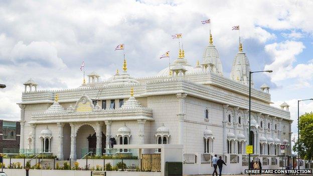 The exterior of the Shree Swaminarayan Siddhant Sajivan Mandal Temple in Kingsbury