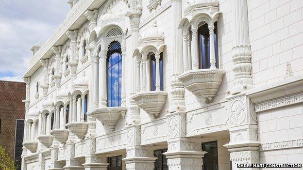 Windows lining the Shree Swaminarayan Siddhant Sajivan Mandal Temple in Kingsbury