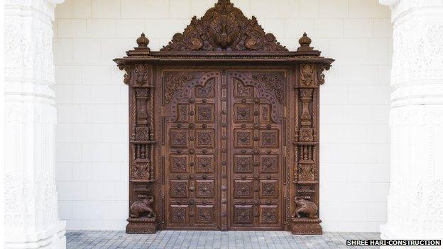 An ornate doorway at the Shree Swaminarayan Siddhant Sajivan Mandal Temple in Kingsbury