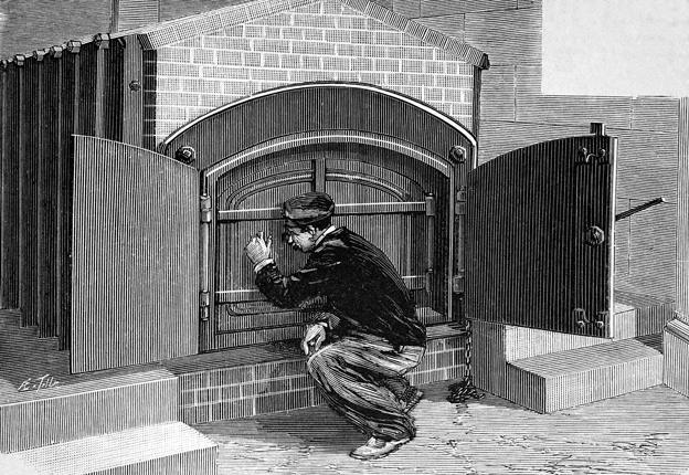 A 19th Century illustration of man outside a cremation chamber