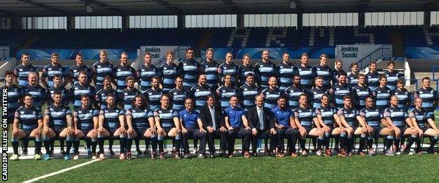 Adam Jones (bottom row, fifth from left) posing in the official Cardiff Blues 2014-15 squad picture