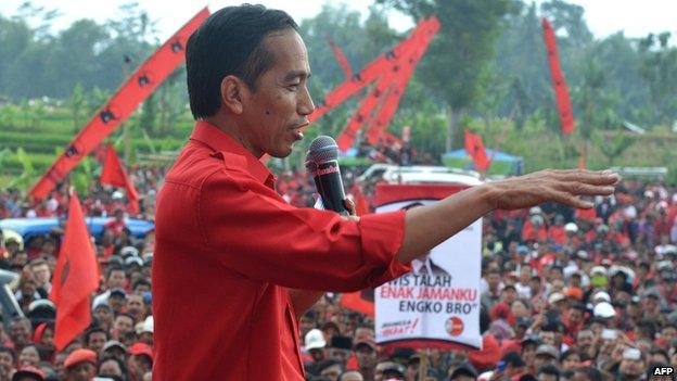 Then-Jakarta Governor Joko Widodo, delivers a speech as he campaigns ahead of legislative elections in Malang on 30 March, 2014