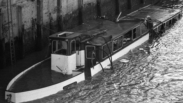 The wrecked hull of the Marchioness in the river Thames