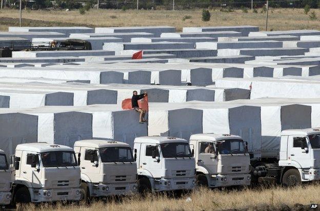 Russian aid lorries parked near Kamensk-Shakhtinsky, Russia, 20 August