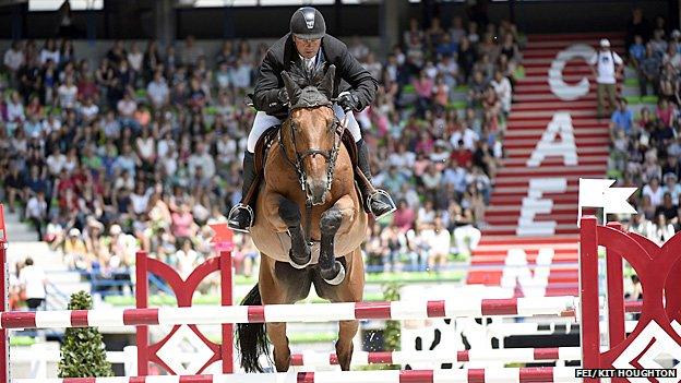 Eric Fevrier riding Miss d'Helby at a WEG test event in Caen