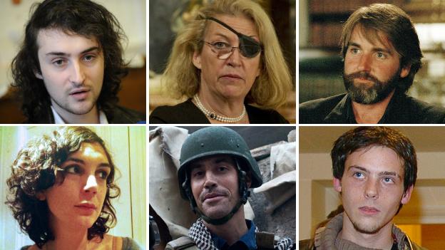 Top row (l-r): Edouard Elias, freed after kidnap; Marie Colvin, killed in airstrike; Anthony Loyd, escaped from kidnappers. Bottom row (l-r): Edith Bouvier, survived airstrike; James Foley, kidnapped and killed; Remi Ochlik, killed in airstrike.