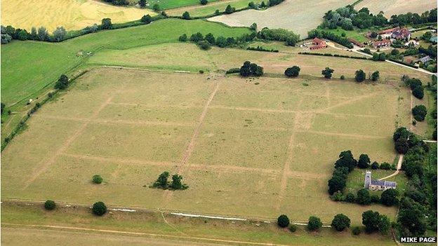 Aerial view of the Roman street plan and defences