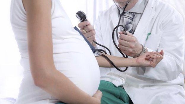 Doctor examining pregnant woman (posed by model)