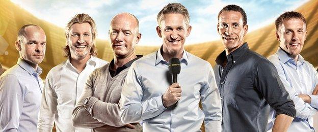 L-R: MOTD pundits Danny Murphy, Robbie Savage, Alan Shearer, Gary Lineker, Rio Ferdinand and Phil Neville