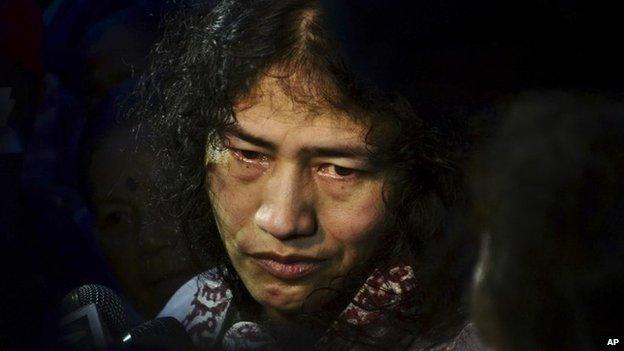 In this August 20, 2014 photo, Irom Sharmila speaks to the media after her release in Imphal, India