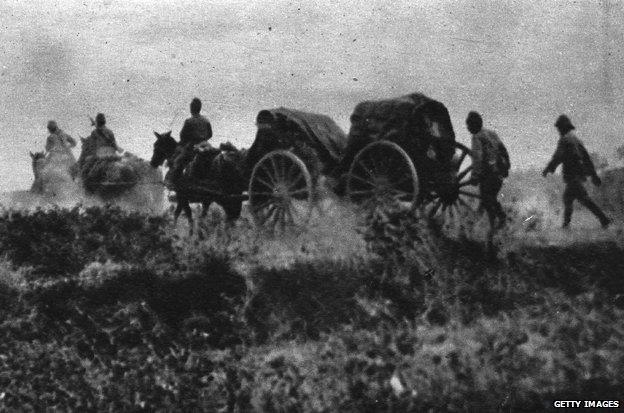 Circa 1940: Japanese Field Artillery on the march against Yangon in Burma