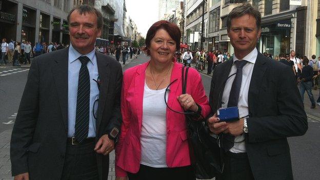 MPs Alan Whitehead, Joan Walley, Matthew Offord with air pollution monitors on Oxford Street