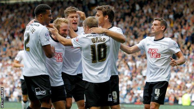 Derby celebrate after Jamie Ward goal