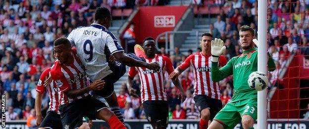 Brown Ideye of West Brom heads the ball wide of the goal