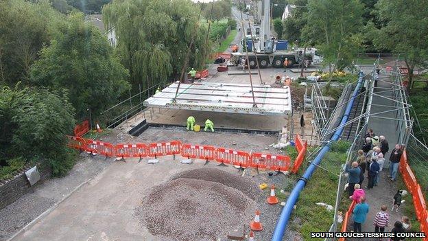 New road bridge positioned over the River Frome in Frampton Cotterell
