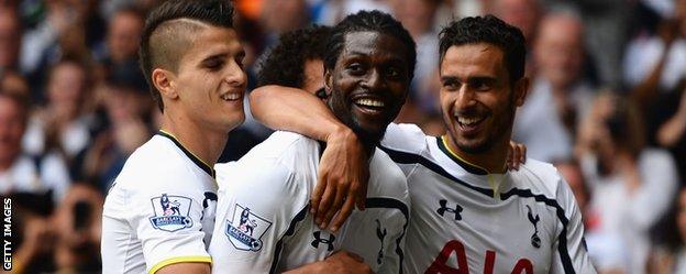 Tottenham's Emmauel Adebayor, Erik Lamela and Nacer Chadli