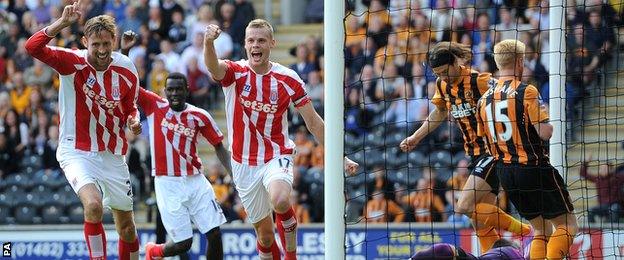 Stoke's Ryan Shawcross celebrates his late equaliser against Hull City