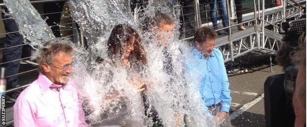 The BBC F1 team of Eddie Jordan, Suzi Perry, David Coulthard and Allan McNish brave the Ice Bucket Challenge at Spa