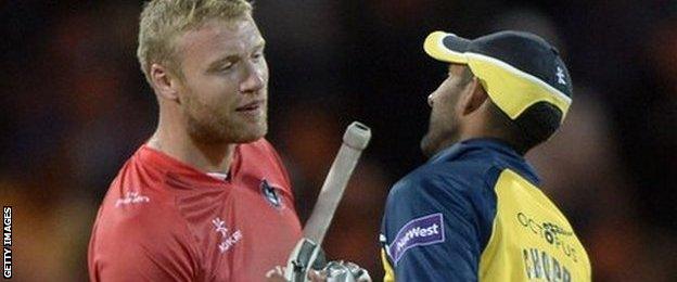 Lancashire's Andrew Flintoff congratulates victorious Bears skipper Varun Chopra