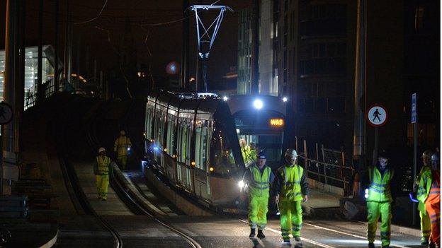 Tram crossing bridge