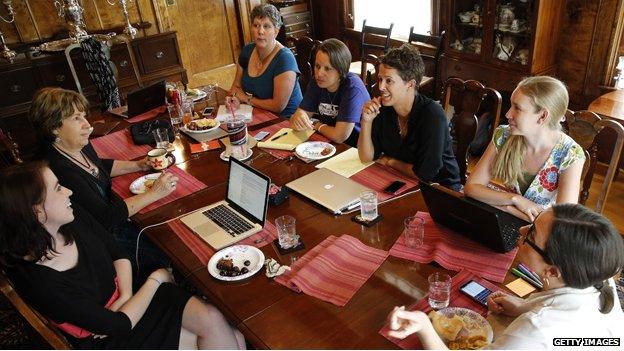 Members of the executive board of Ordain Women hold a strategy meeting
