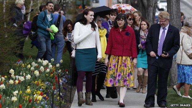 Kate Kelly, founder of 'Ordain Women' leads 500 supporters past the world headquarters of the Mormon church to march to Temple Square on April 5, 2014 in Salt Lake City