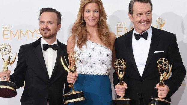 Breaking Bad actors Aaron Paul, Anna Gunn and Bryan Cranston with their Emmy Awards. 25 Aug 2014