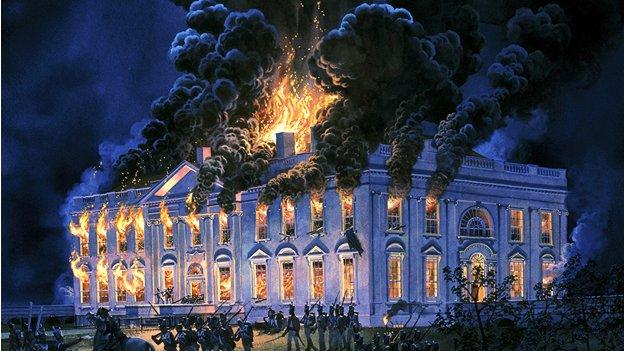 A painting of the White House on fire by Tom Freeman