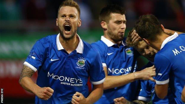 Peter Thompson celebrates scoring against Glentoran