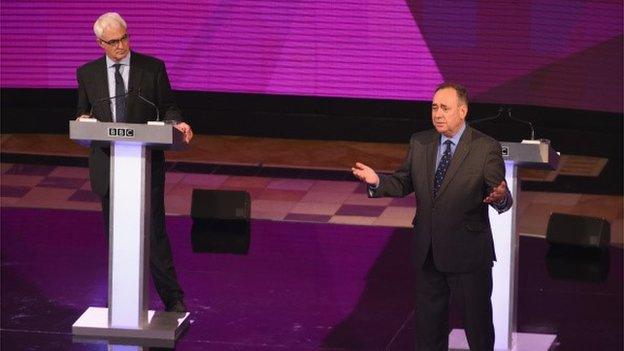 Alex Salmond and Alistair Darling on the stage of a live television debate in the Kelvingrove Art Galleries