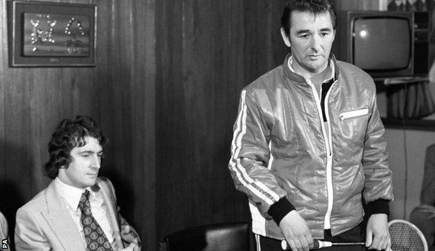 Trevor Francis watches as Brian Clough holds court with a squash racquet