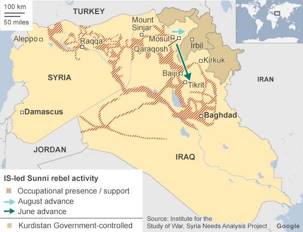 Map showing Islamic State activity in Syria and Iraq
