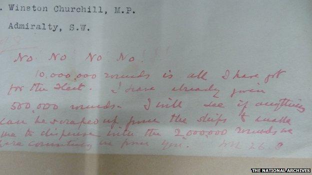 Hand written response from Winston Churchill to Lord Kitchener