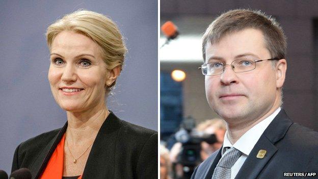 EU candidates Helle Thorning-Schmidt (Denmark - left) and Latvia's Valdis Dombrovskis