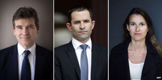 The three main casualties of the reshuffle are Arnaud Montebourg (L), Benoit Hamon (C) and Aurelie Filippetti (R)