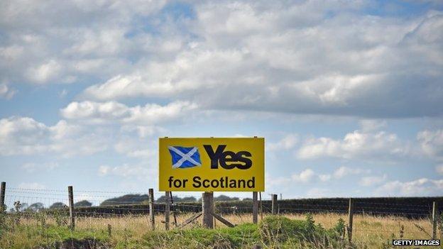 Yes campaign placards are placed in a field on August 26, 2014 in Fenwick, Scotland.