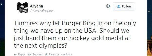 A Canadian tweets about the Burger King-Tim Hortons merger.